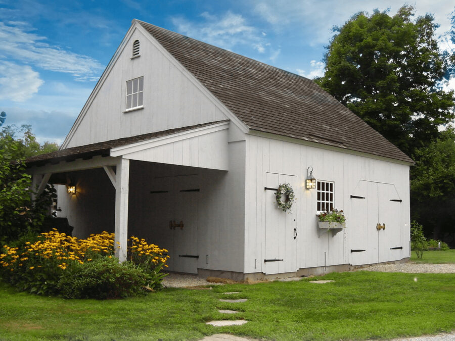 24' x 24' One Story Barn with 8' x 21' Open Lean-to Model Grey One Story Post and Beam Barn