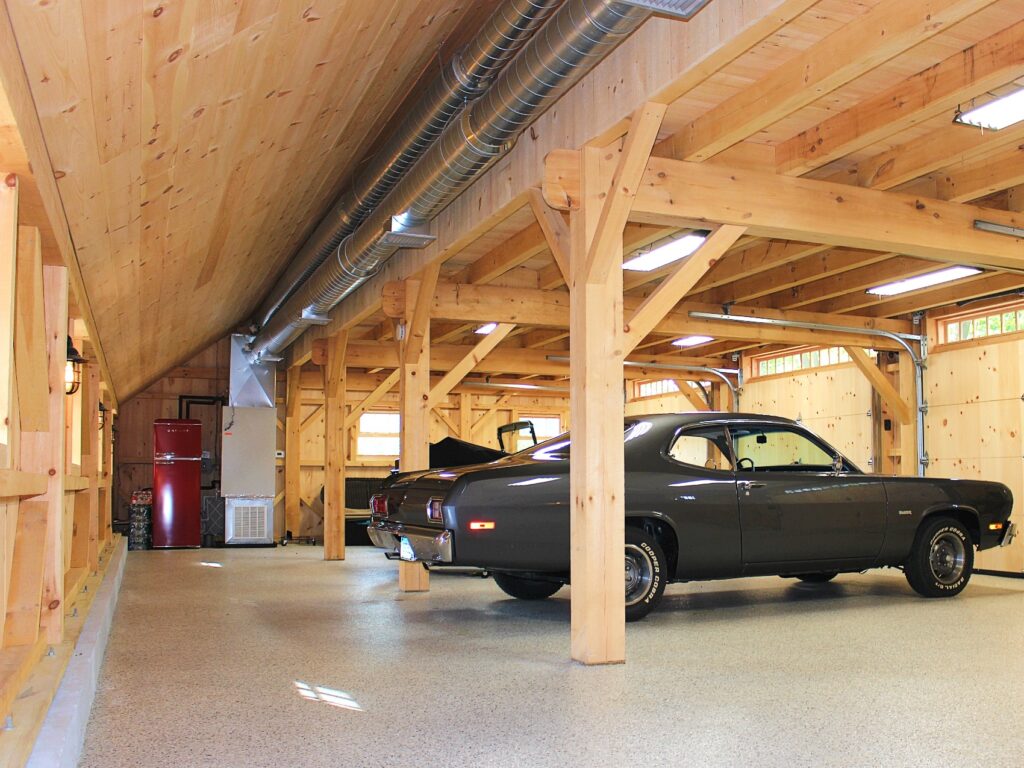 Classic car inside a Post and Beam Saltbox Garage