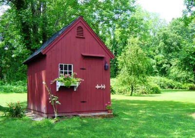 Red Even Pitch Shed with flower box